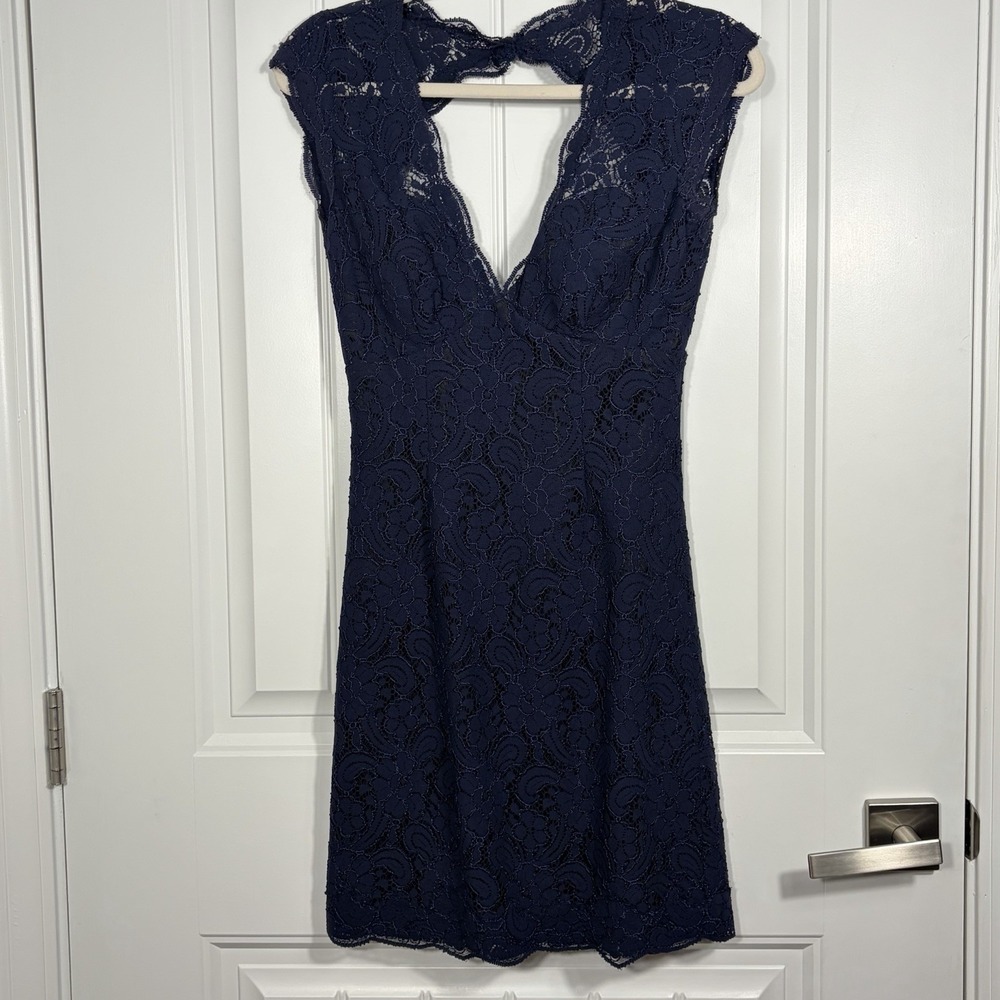 Vintage 90s Watters & Watters Navy Lace Cocktail Dress Open‎ Back Size 2